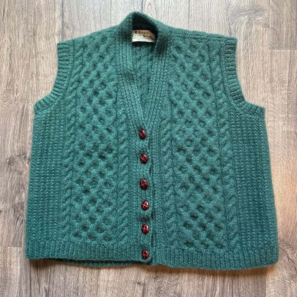 Olive's Craft Shop Blarney Vintage Irish Wool Sweater Vest Medium Green